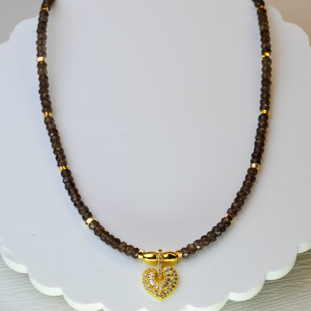 Smokey Quartz Choker Necklace with Gold Heart Pendant – 15.5-17”
